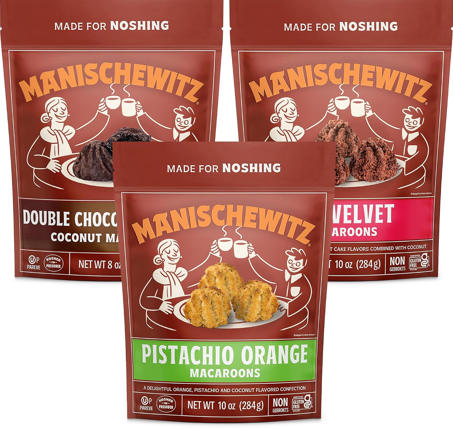 Manischewitz Gluten Free Macaroons 10oz 3 Pack Variety Double Chocolate Coated, Pistachio Orange, Red Velvet | Lactose Free, Vegetarian, Kosher