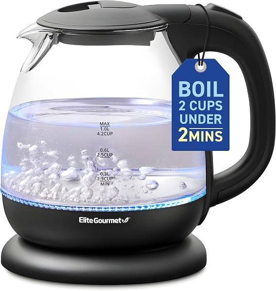 Elite Gourmet EKT1001 1.0L Glass Kettle, 1100W, Cordless Base, Black | BPA-Free Glass, Blue LED Interior, 360 Base, Auto Shut-Off Function, Quickly