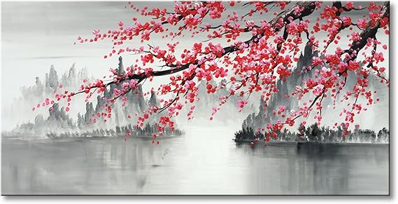Handmade Traditional Chinese Oil Painting Pink Plum Blossom Canvas Wall Art Modern Black and White Landscape Artwork