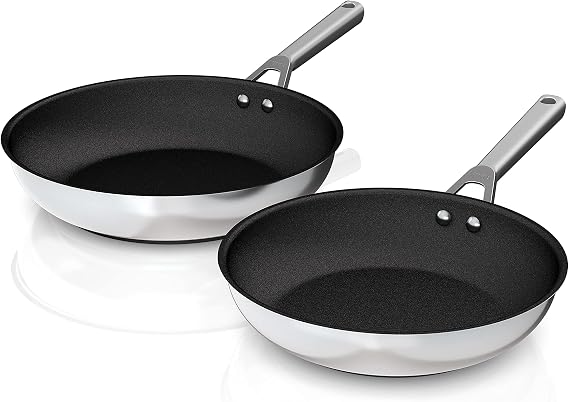 Ninja C62200 Foodi NeverStick Stainless 10.25-Inch & 12-Inch Fry Pan Set, Polished Stainless-Steel Exterior, Nonstick, Durable & Oven Safe to 500F, Silver
