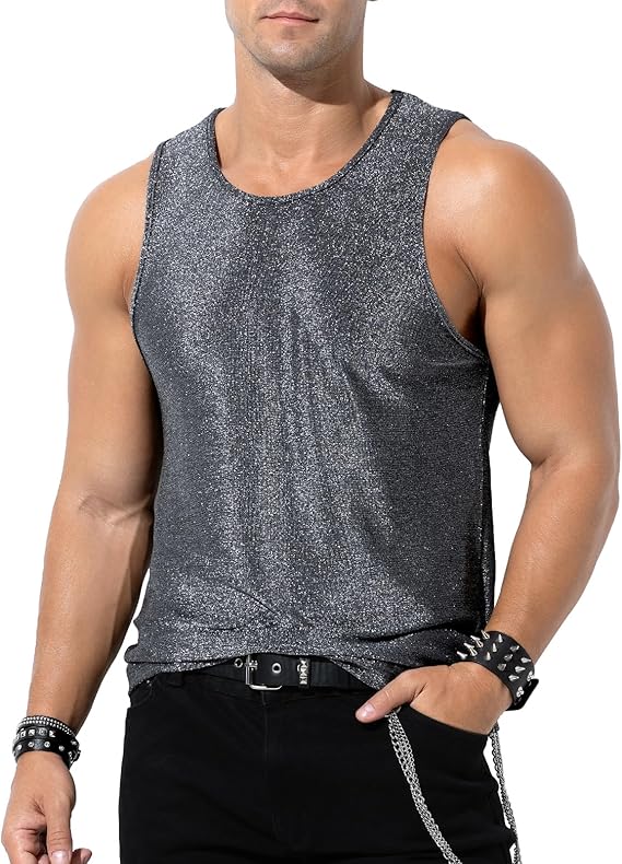 Casey Kevin Mens Sequin Tank Top Gold Rave Shirt Sparkly Glitter Disco Vest | Shiny Metallic Sleeveless Tops,Rave Outfit,Breathable,Skin-Friendly,for Party,Festival,Stage,NightHalloween