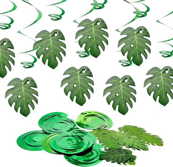 36PCS Tropical Palm Leaves Party Swirl Decorations, Glitter Palm Leaves Banner Hanging Ceiling Green Swirls Luau Hawaii Theme for Baby Shower Birthday Summer Supplies