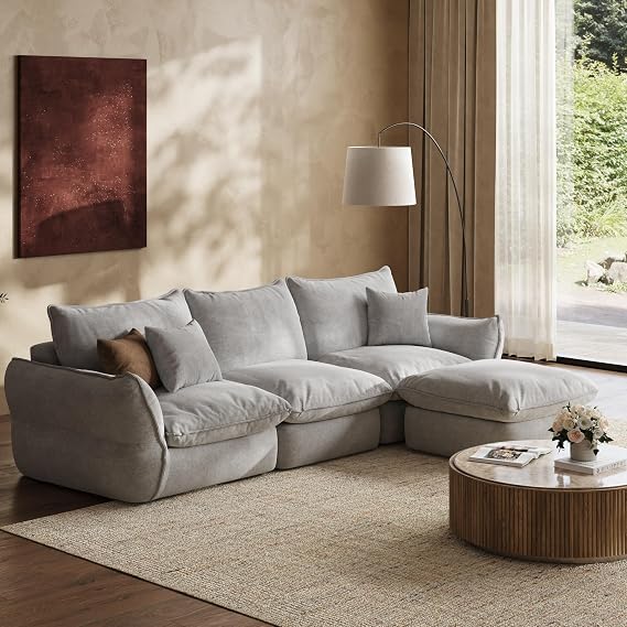 106'' Down Blend L-Shaped Sectional Sofa, Deep Seat Feather-Filled Cushions, Oversized Cloud Couch with Sink-in Comfort, Modern Living Room Sofa Pebble Gray
