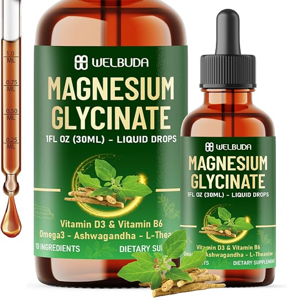 10in1 Magnesium Glycinate Liquid Drop with Omega-3, Vitamin D3, Vitamin B6, Ashwagandha, L-Theanine, Turmeric, Rhodiola Rosea, Elderberry, Lemon Balm - 1 FL Oz - 30 Days Supply