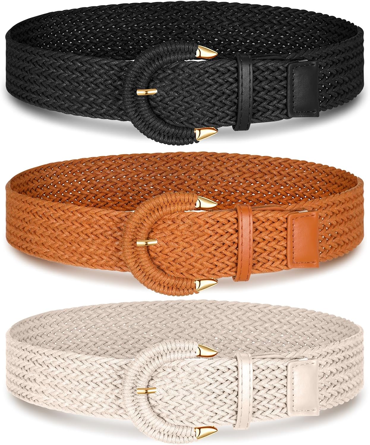 Suhine 3 Pcs Women Wide Braided Rattan Belt Straw Woven Elastic Stretch Waist Boho Belts for Dress Jeans Pants Adjustable