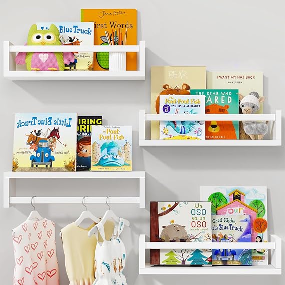 Fixwal Floating Nursery Book Shelves for Wall, 16.5in, Set of 4, White | Solid wood shelves store kids' books, toys and clothing. Fits kids' room, playroom, nursery, living room, bedroom & bathroom.
