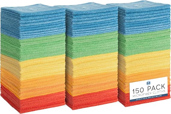 S&T INC. Microfiber Cleaning Cloth, 150 Pack, 11.5" x 11.5" | Bulk Cleaning Cloth for Home and Car, Reusable and Multi-Purpose Cleaning Rags for Business, Machine Washable