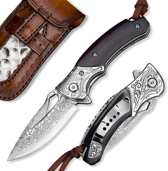outdoor folding pocket knives with sheath,handmade japanese vg10 damascus steel,rosewood handle,pocket clip for carving camping paring