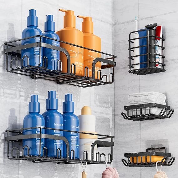 5 Pack Adhesive Shower Caddy, No Drilling Shower Shelves, Rustproof Stainless Steel Bath Shower Organizers, Large Capacity Shower Rack for Bathroom Storage & Home