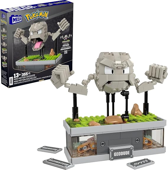 MEGA Pokemon Building Toys Set, Mini Motion Geodude with 355 Pieces, 5 Inches Tall, Moving Arms and Mouth, Adult Collectible