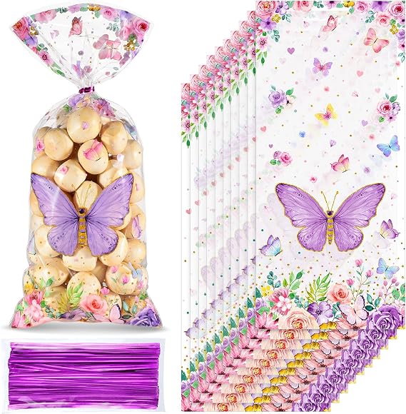 Pajean 100 Pcs Butterflies Cellophane Treat Bags Plastic Butterfly Party Favors Watercolor Cello Candy Bag with 100 Twist Ties for Baby Shower Girl Birthday Party Supplies(Purple)