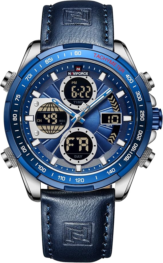 NAVIFORCE Men's Military Digital Watch Analog Quartz Waterproof Wrist Watch Sport Multifunction Leather Wristwatch, Silver+Blue., Digital, Silver + Blue, Digital