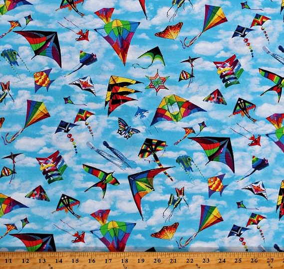 Cotton Kites Flying in The Sky Clouds Airplanes Butterflies in Motion Blue Cotton Fabric Print by The Yard (666BLUE)