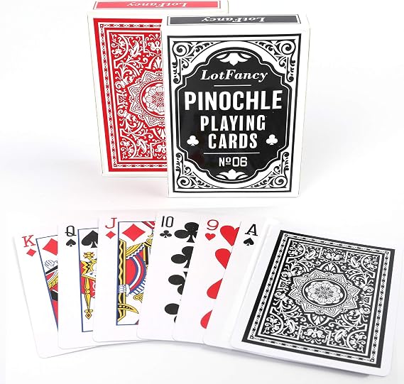 LotFancy Pinochle Playing Cards, 2 Decks of Cards, Black and Red, Special 48 Card Deck