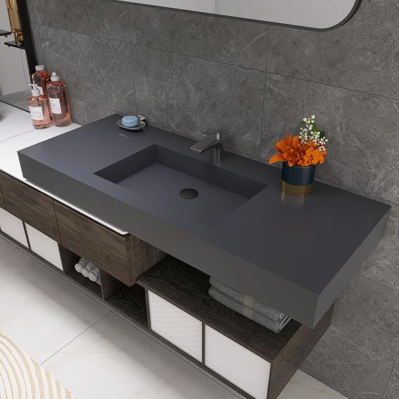 47"X19" Stone Resin Wall Mounted Floating Sink Grey, Solid Surface Bathroom Pedestal Sink Basin with Hole and Pop-up Drain, Matte Grey