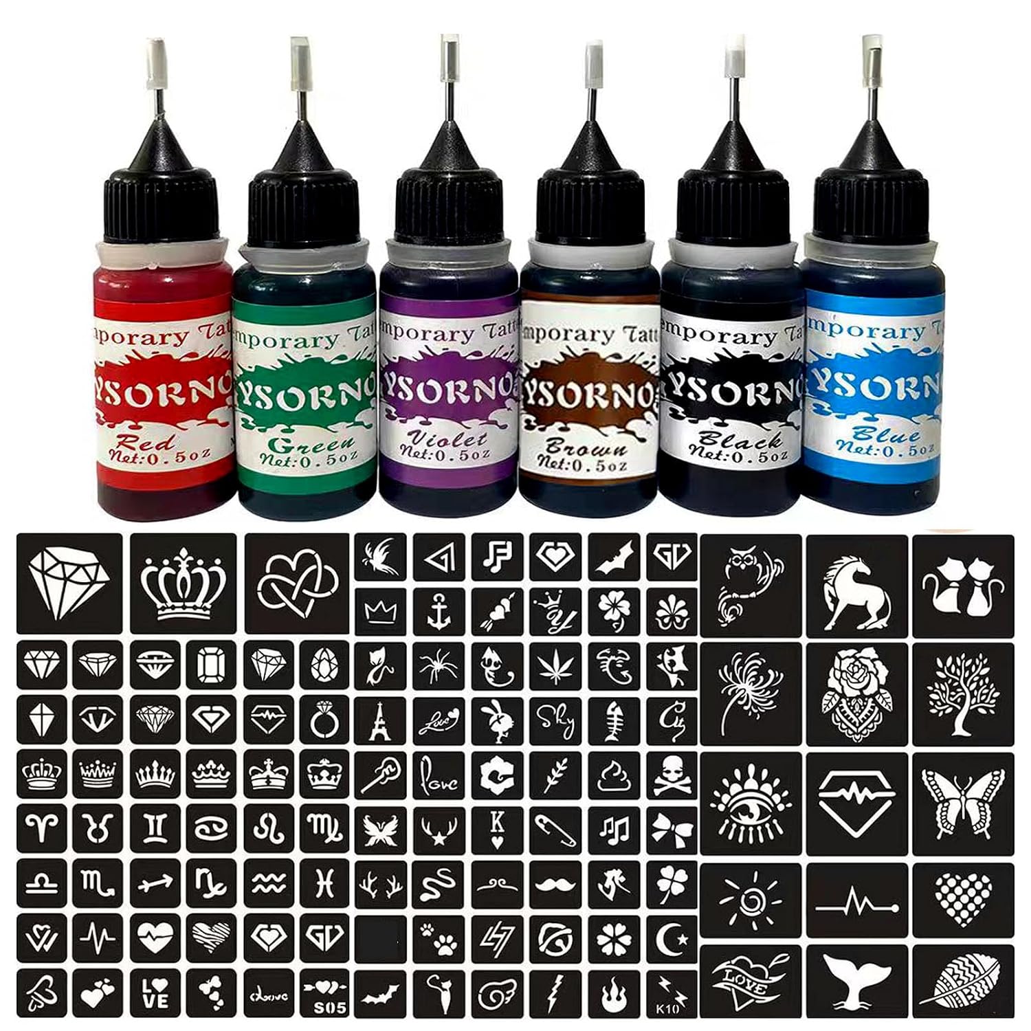 Temporary Tattoo Kit,6 Bottles Temporary Tattoo Ink 0.5oz with 125Pcs Tattoo Stencils,DIY Fake Tattoo for Women Men Kids Body Art Painting PATY13