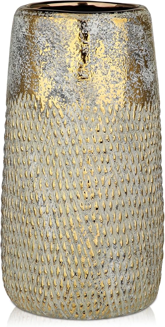 Rustic Gold Vase 26cm Ceramic Vases for Flowers 10.2" Tall Vintage Gray Decorative Vases Modern Cylinder Vase for Dried Flowers Plants Table Living Room Dining Room Home Décor