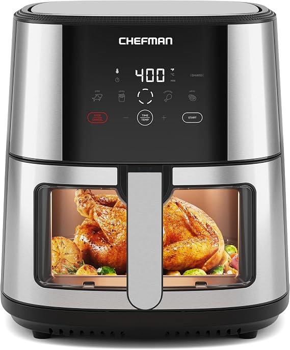 CHEFMAN Easy-View Air Fryer 8 Qt Family Size with Viewing Window, One-Touch Digital Control with 4 Presets, Nonstick & Dishwasher Safe, Broil, Roast, Dehydrate, Bake, Auto-Shutoff, Stainless Steel