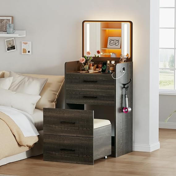 Lvifur 3 in 1 Vanity Desk with Flip Top Mirror and Lights,Glass Top Compact Vanity with 3 Drawers & Rolling Stool,Modern Small Makeup Vanity Table w/Charging Station,Rustic