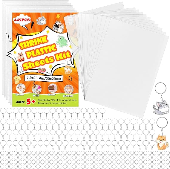 445PCS Shrink Plastic Sheets Keychain Kit, Shrinky Dink Sheets Kit, Shrink Dink Keychains Kit with 45PCS Shrinky Dink Paper, 200PCS Keychains and Iron Ring for DIY Craft Handprint, 7.9x11.4in/20x29cm