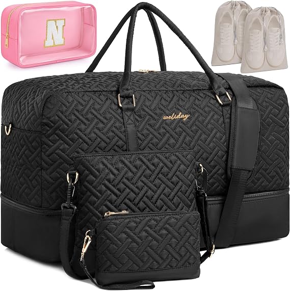 Weekender Bag for Women, 5 Pcs Set Carry on Overnight Bag, 23" Travel Duffel Bag with Waterproof Shoe Compartment for Weekend Travel Business Trip, Black with N Bag, Large-6 Pcs Set