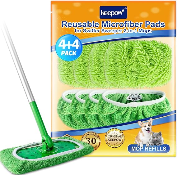 KEEPOW 8 Pack Mop Pads Compatible with Swiffer Sweeper, Wet/Dry Reusable