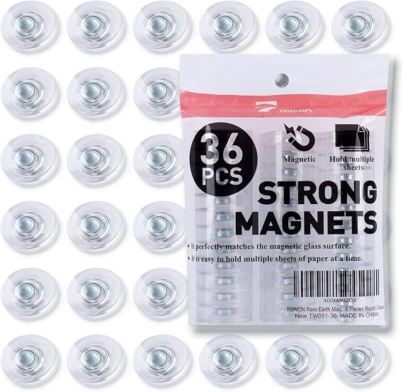 TOWON Rare Earth Magnets for Glass Whiteboard, 36 Pack Large Round Clear