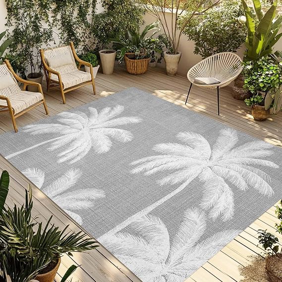 Grey Palm Trees Outdoor Rug 6x9ft Large Patio Rug, Washable RV Camping Outside Area Runner Rug Mat, Farmhouse Tropical Summer Beach Indoor Outdoor Carpet for Picnic Backyard Deck Porch Balcony Beach