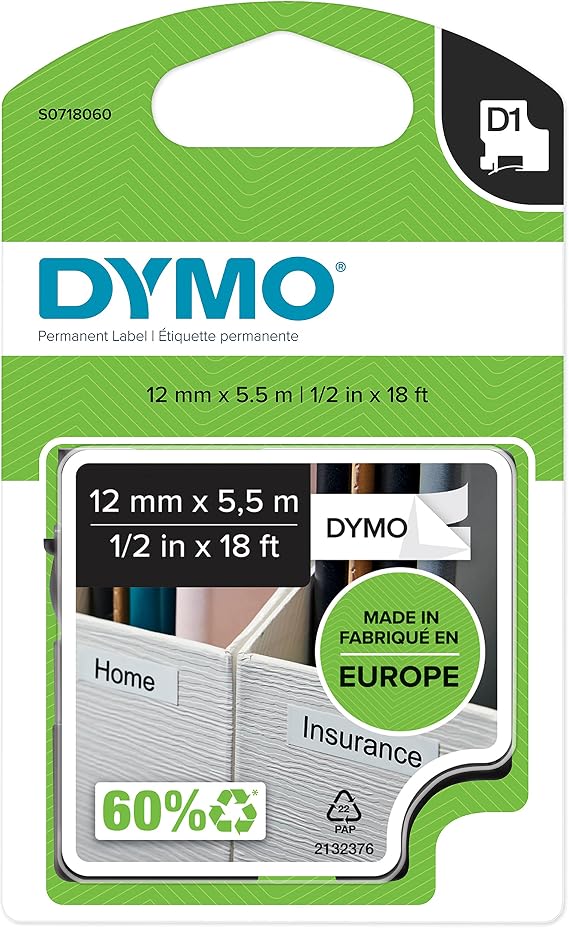 Dymo S0718060, High Performance Permanent Polyester (12 mm x 5.5 mt), Black/White (16959)