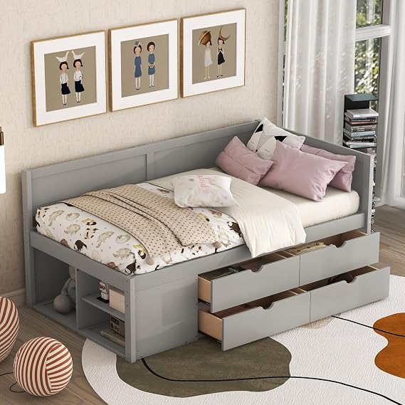 Twin Size Daybed with 4 Pull-Out Drawers Drawers and 3 Functioning Shelves,Twin Wooden Day Bed Frame with Storage,No Box Spring Required,Gray