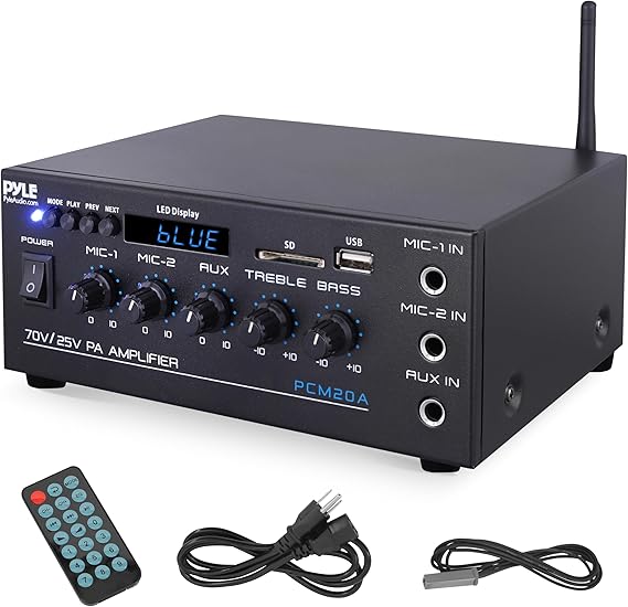 Pyle Compact Mini Home Power Amplifier - 40W Smart Small Audio Stereo Receiver w/ AUX 2 Microphone IN COM/8-Ohm/25V/70V Speakers LED Input Selector For PA Amplified Speaker Sound System - PCM20A