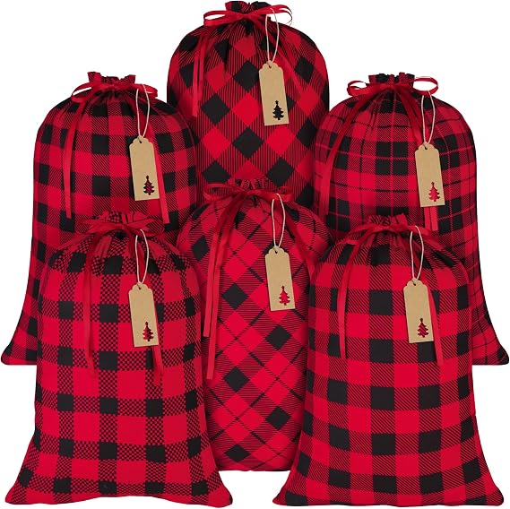 MIMIND 6 Pcs Christmas Drawstring Gift Bags Large Cotton Fabric Gift Bag