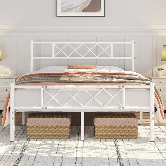 Yaheetech 4ft6 Double Metal Bed Frame with Cross-design Headboard, White
