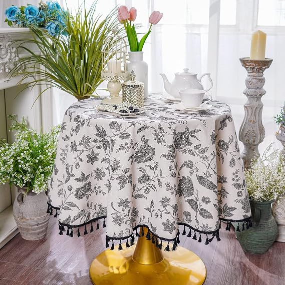 SUTAVIA Tablecloth 60" Round Cotton Linen Fabric Black Flower Tassel | Bohemian Beige Fabric Farmhouse Lace Table Top Dust-proof for Home Kitchen Holiday Party Dining Table