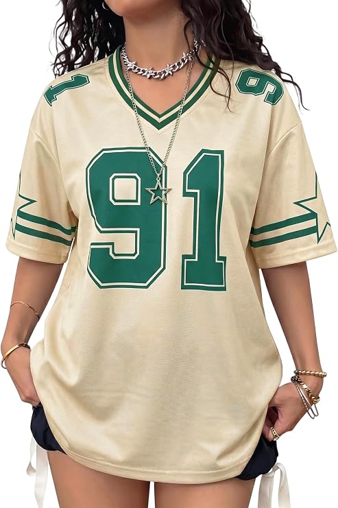 Jersey Shirts for Women Y2k Graphic Tees V Neck Baggy Streetwear Number Oversized T Shirt Summer Tops