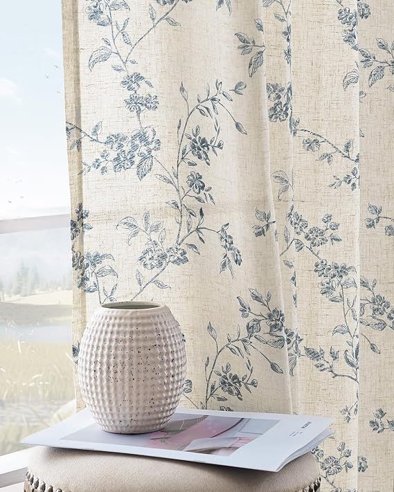 jinchan Blue Floral Linen Curtains 84 Inch French Country Back Tab 2 Panels