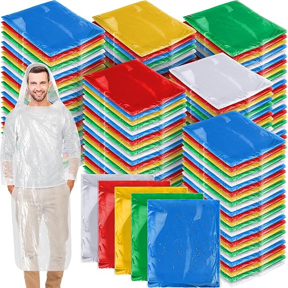 Handepo 150 Pack Disposable Rain Ponchos with Hood Emergency