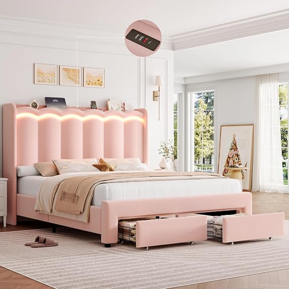 HIFIT Queen Upholstered LED Bed Frame with Charging Station and 2 Storage Drawers, Pink Velvet Princess Bed Frame for Girls, Camas Queen with Double Wavy Wingback Headboard, No Box Spring Needed