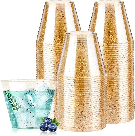 Goodluck 9 oz 100 PCS Gold Glitter Plastic Cups, Disposable Glitter Cups