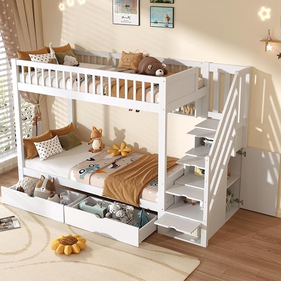 3ft Single Loft Bed Frame with Storage Drawers, Solid Wood High Sleeper Bed with Staircase Storage, Shelves & Hidden Cupboards, Children’s