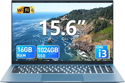 Naclud 15.6 Inch Laptop Computer, Windows 11 Laptops with 16GB RAM 1024GB SSD, Core i3 CPUUp to 3.9GHz, Backlit Keyboard, 53.2WH Battery, WiFi 6, IPS FHD Display, 180 Viewing, HDMI, Type-C