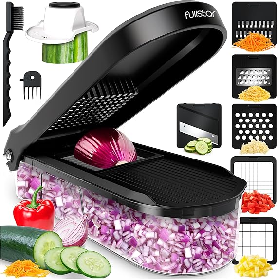 Fullstar Pro Core - Vegetable Chopper & Mandoline Slicer - 6 Blades | Veg, Salad & Onion Dicer - Veggie Julienne Cutter, Cheese Grater - Quick & Easy Meal Prep Kitchen Gadgets (6-in-1, Black)