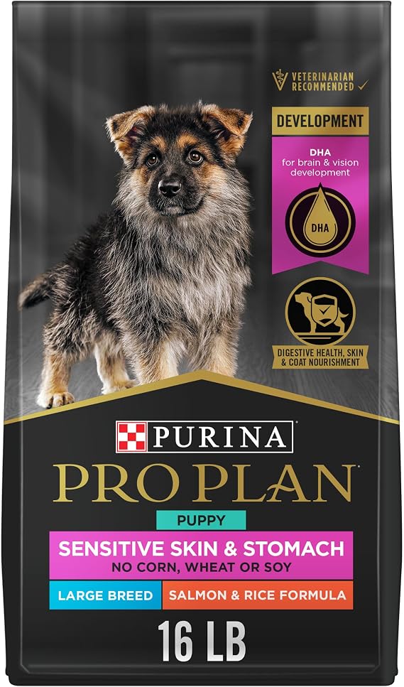 Purina Pro Plan Sensitive Skin & Stomach Puppy Dog Food, Large, 16 lb Bag | Real Salmon & Rice Large Breed puppy food, easily digestible with prebiotic fiber, DHA for brain and vision development