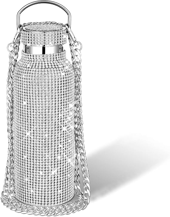 Diamond Water Bottle Bling Rhinestone Stainless Steel Thermal Bottle Refillable Insulated Glitter Water Jug with Chain for Women Girls Gifts(500 ml,Silver)