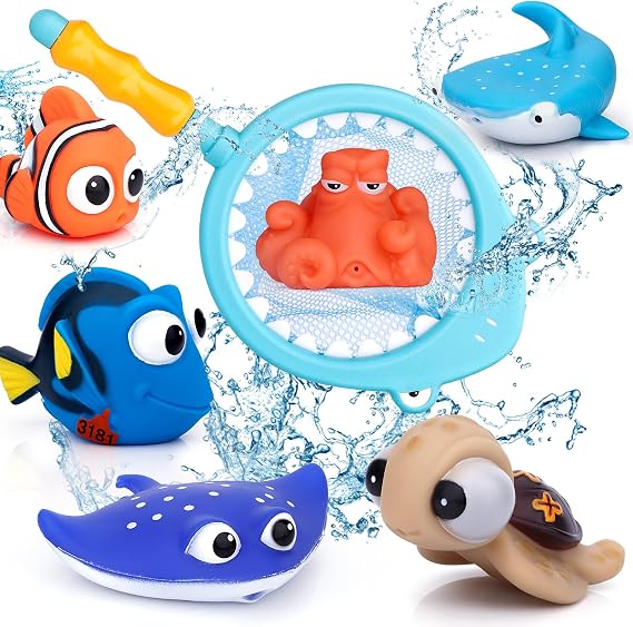 Bath Toys for Toddler 7 Pieces Bathtub Water Splash Cute Fish Toy Floating Sea Animals Baby Shower Swimming Pool Water Spray Game Gift with Fishing Net