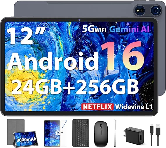 2026 Android 16 Tablet, 12 inch Tablet with Keyboard, 24GB+256GB+2TB Expand