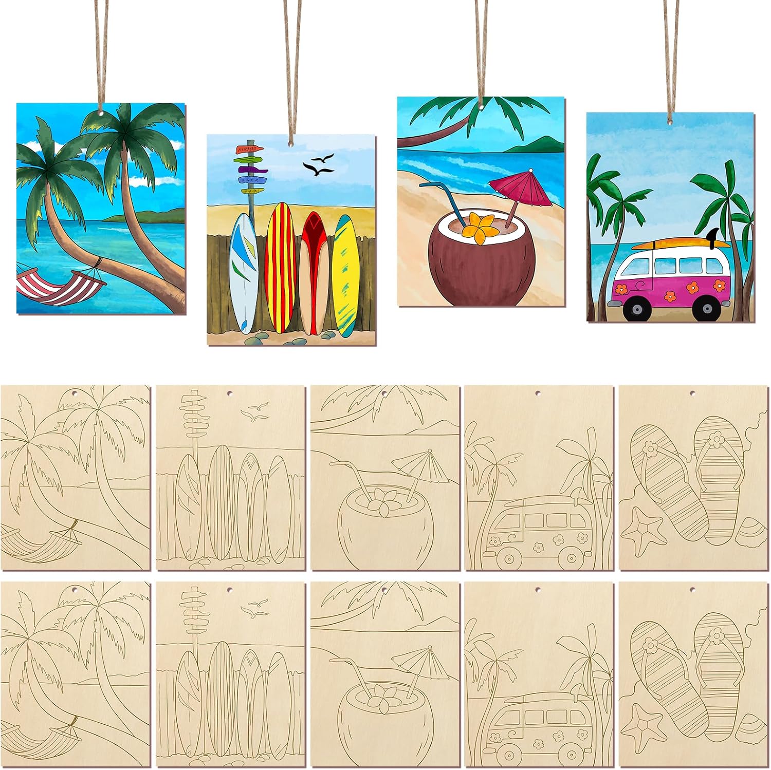 COCHIE 10 Pieces Large Summer Unfinished Wood Crafts to Paint for Adults and Kids, Bulk Predrilled Wooden Ornaments for Painting, Beach Paintable Wood Slices Craft Supplies with Ropes