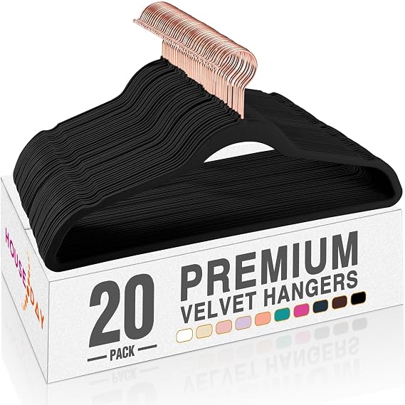 HOUSE DAY Velvet Hangers 20 Pack, Premium Clothes Hangers Non-Slip Felt Hangers, Sturdy Black Hangers Heavy Duty Coat Hangers, Durable Suit Hangers, Space Saving 360 Rotating Rose Gold Hook