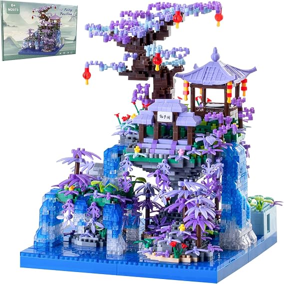 CAXIMSY Cherry Blossom Tree House Micro Building Blocks Set,Peach Blossom Pond Flowers Bricks Architecture Kit with LED Light Gifts for Adults and