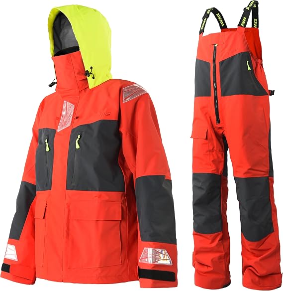 Men's PRO Offshore Sailing Suit, Waterproof Jacket & Bib Trousers | Ocean High-Tech, Hi-Vis Hood, Reinforced Hips & Knees, Adjustable Braces, Reflective Safety Details, Coastal Cruising